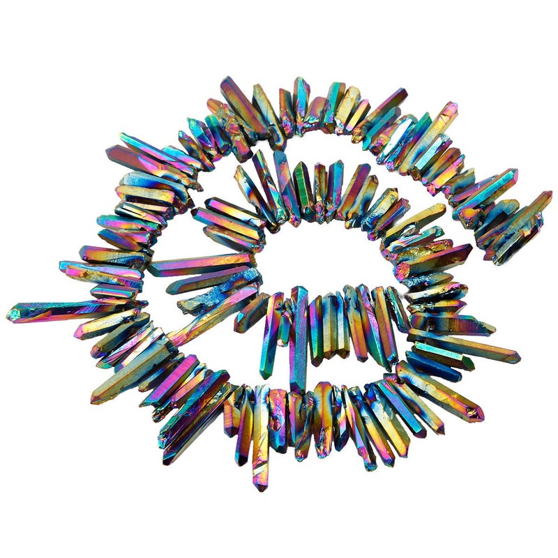 SUNYIK Rainbow Titanium Coated Crystal Points Quartz Rough Sticks Spikes Point Beads 15 inch Strand Drilled - Image 2
